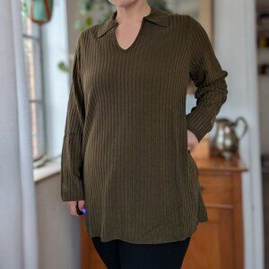 Lane Bryant - NWOT Knit ribbed collared v-neck tunic - olive green - 18/20